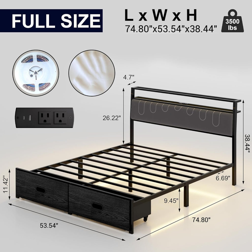 Full Bed Frames with Storage Drawer, Platform Bed with Charging Station and LED Lights, Upholstered Headboard with 2-Tier Storage Shelves, No Box Spring Needed