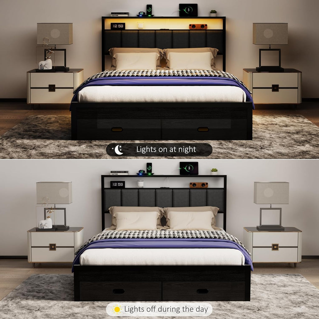 Full Bed Frames with Storage Drawer, Platform Bed with Charging Station and LED Lights, Upholstered Headboard with 2-Tier Storage Shelves, No Box Spring Needed