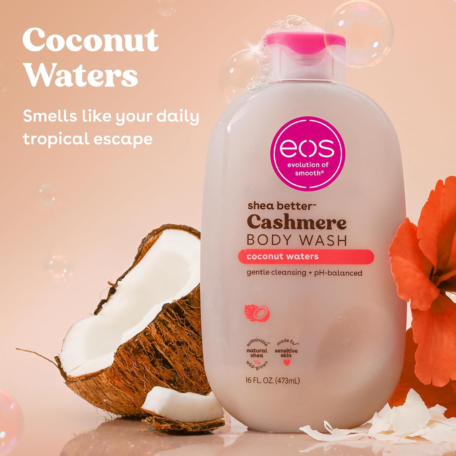 eos Body Wash, Vanilla Cashmere, Moisturizing Creamy Gel Formula with Shea Butter, Glycerin, Vitamin E, pH Balanced, Sensitive Skin, Vegan, 16 fl oz