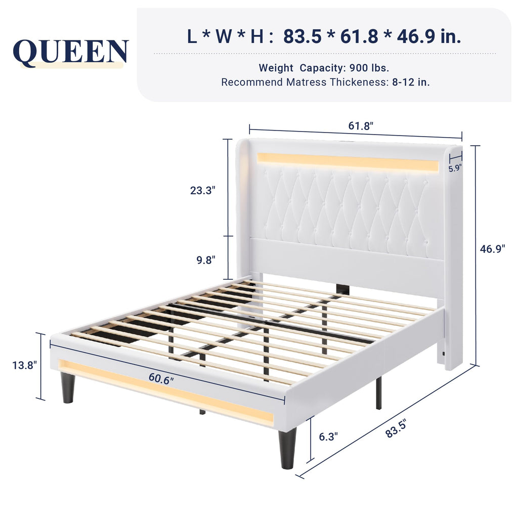 Allewie Queen Size Upholstered Bed Frame with LED & Charging Station, Black | Customizable LED lights, charging station, tufted wingback headboard, noise-reducing support, and no box spring needed.