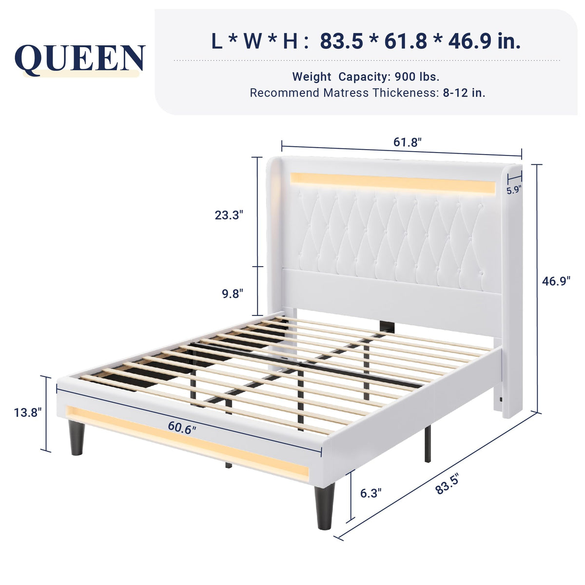 Allewie Queen Size Upholstered Bed Frame with LED & Charging Station, Black | Customizable LED lights, charging station, tufted wingback headboard, noise-reducing support, and no box spring needed.