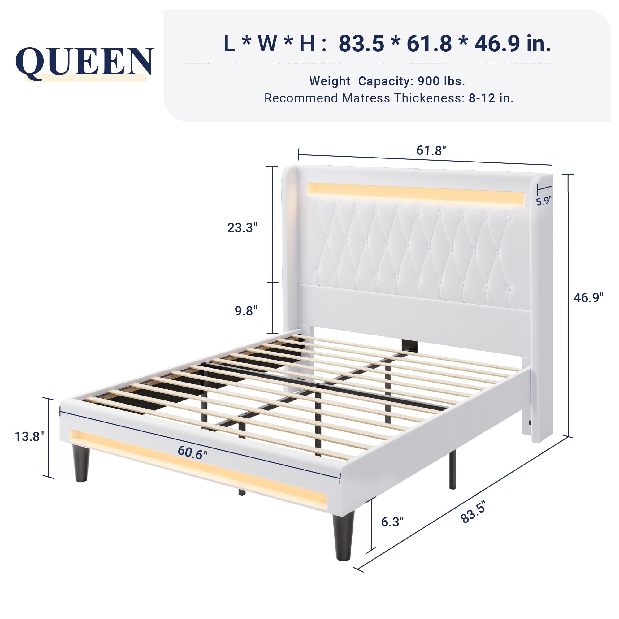 Allewie Queen Size Upholstered Bed Frame with LED & Charging Station, Black | Customizable LED lights, charging station, tufted wingback headboard, noise-reducing support, and no box spring needed.