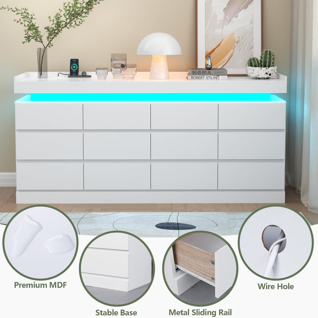 Gyfimoie 6 Drawer Dresser with Power Outlet, Dresser with LED Light | Modern Chest of Drawers for Closet, Wide Drawer Organizer Cabinet for Bedroom,Living Room