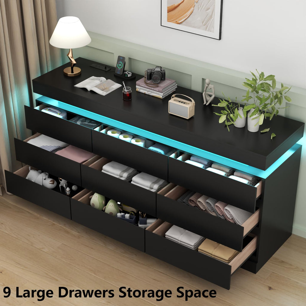 Gyfimoie 6 Drawer Dresser with Power Outlet, Dresser with LED Light | Modern Chest of Drawers for Closet, Wide Drawer Organizer Cabinet for Bedroom,Living Room
