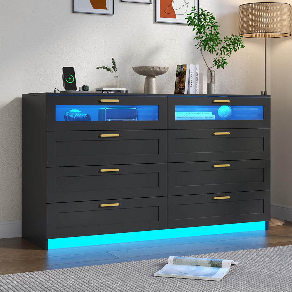 8 Drawers Dresser with Charging Station, Dresser for Bedroom with LED Light | Modern Chest of Drawers for Closet, Double Wide Dressers Organizer for Bedroom, Living Room, Entryway