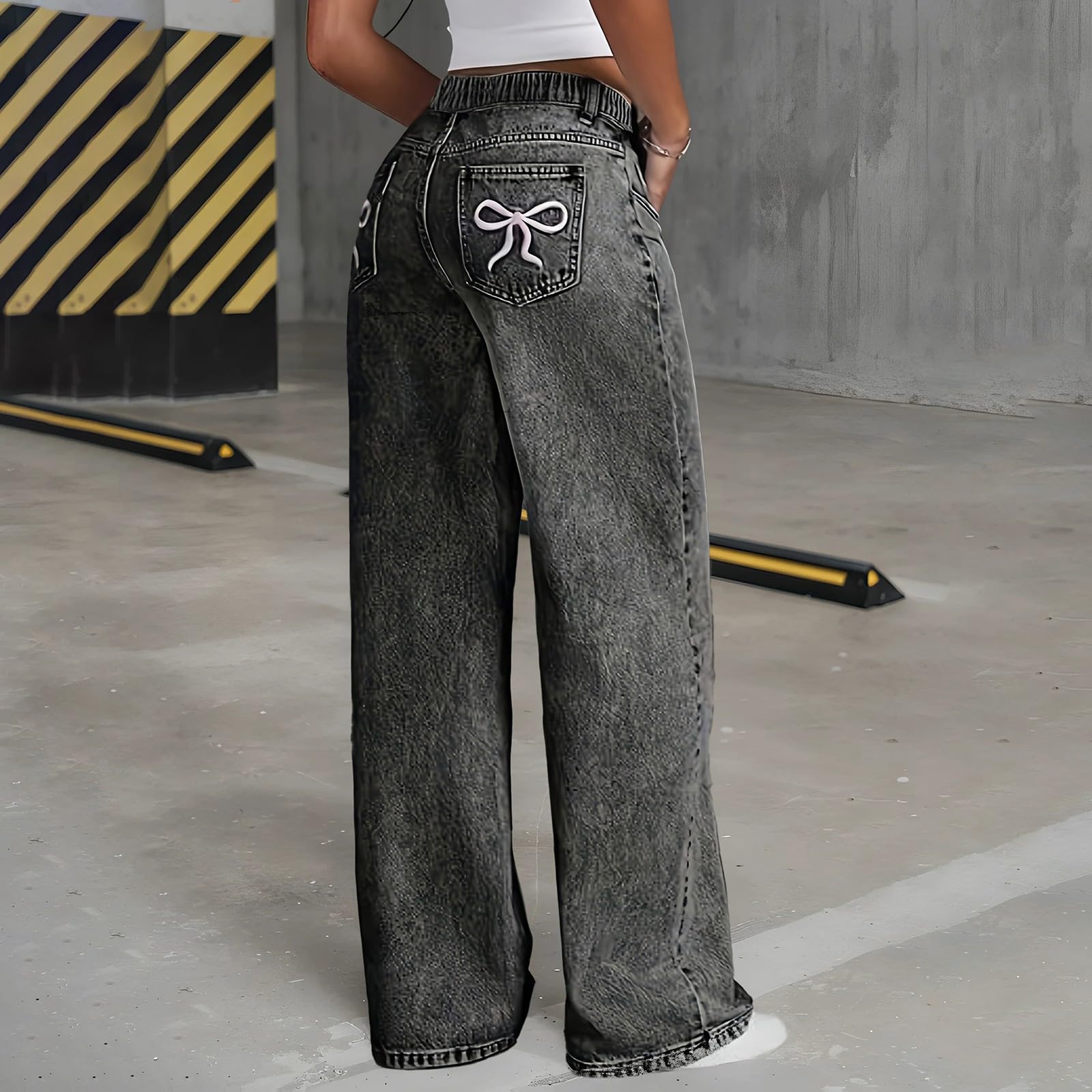 Jeans for Girls Cute Baggy Pants Wide Leg High Waisted Trousers with Pocket | Back to School Clothes Teens Outfits Bow Embroidery Wide Leg Denim Pants Y2k Tween Clothes 7-16Y