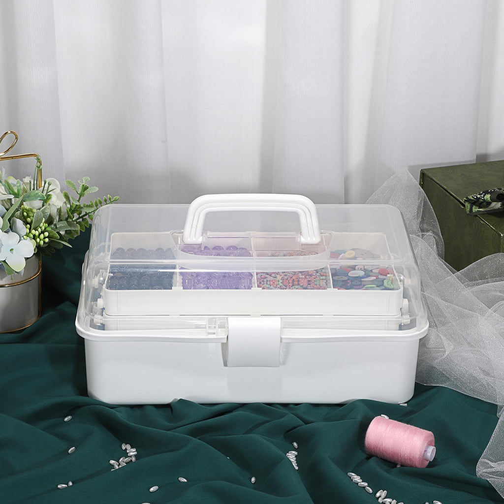BTSKY 3-Layer Plastic Dividing Storage Box Craft Organizer and Storage | Portable Handled Art Supply Organizer with Adjustable Spacers Multipurpose Home Utility Box for Medicine, Sewing(Pink)