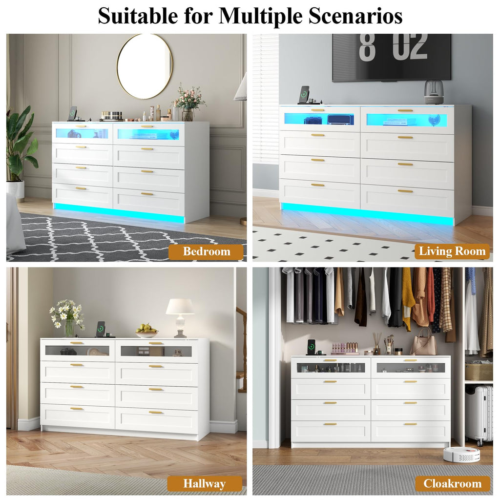 8 Drawers Dresser with Charging Station, Dresser for Bedroom with LED Light | Modern Chest of Drawers for Closet, Double Wide Dressers Organizer for Bedroom, Living Room, Entryway