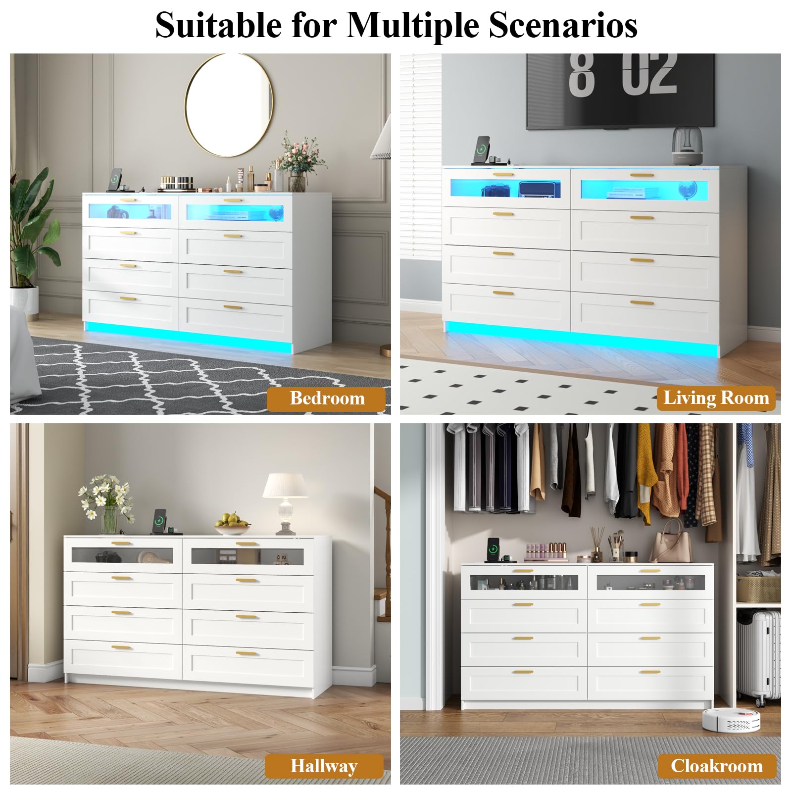8 Drawers Dresser with Charging Station, Dresser for Bedroom with LED Light | Modern Chest of Drawers for Closet, Double Wide Dressers Organizer for Bedroom, Living Room, Entryway