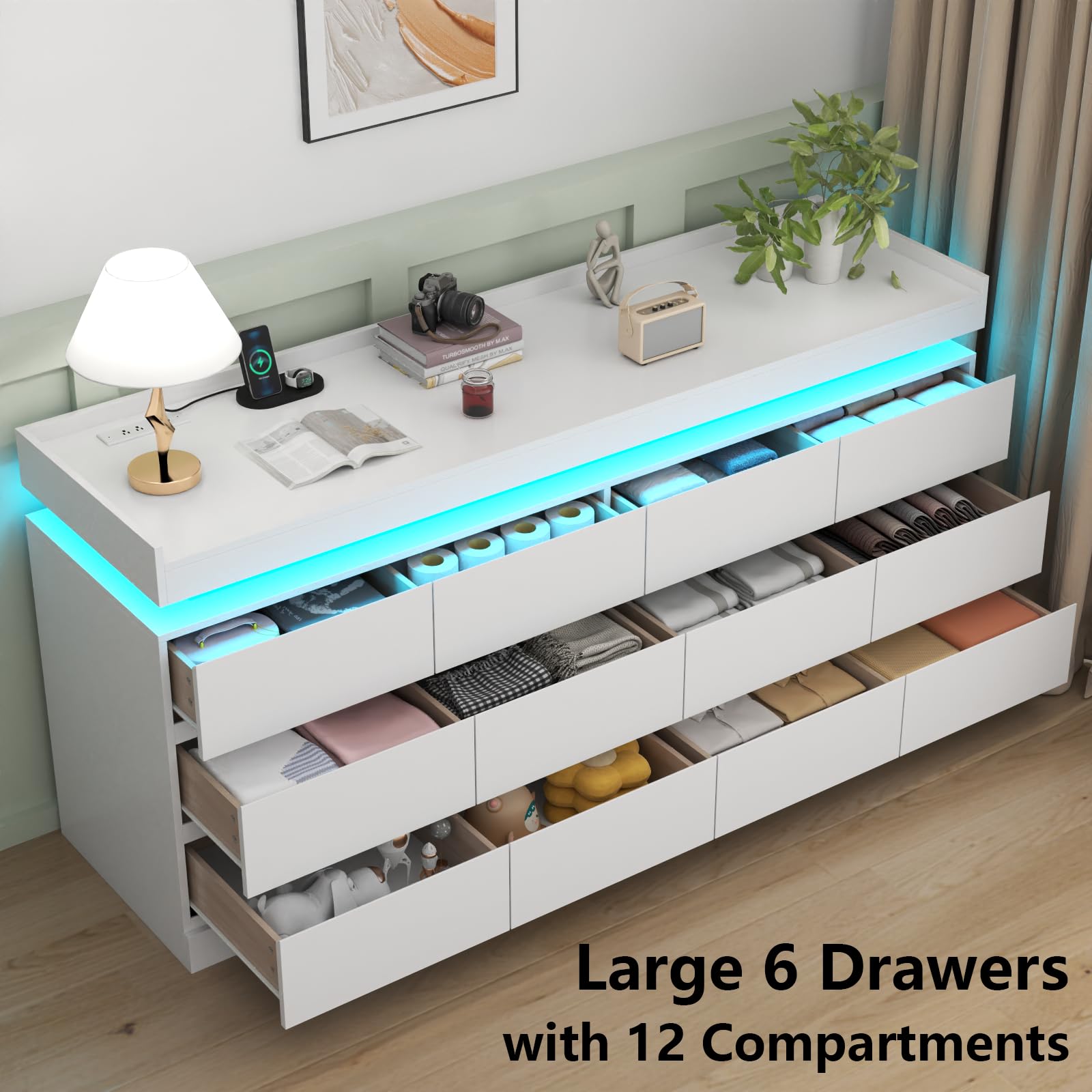 Gyfimoie 6 Drawer Dresser with Power Outlet, Dresser with LED Light | Modern Chest of Drawers for Closet, Wide Drawer Organizer Cabinet for Bedroom,Living Room