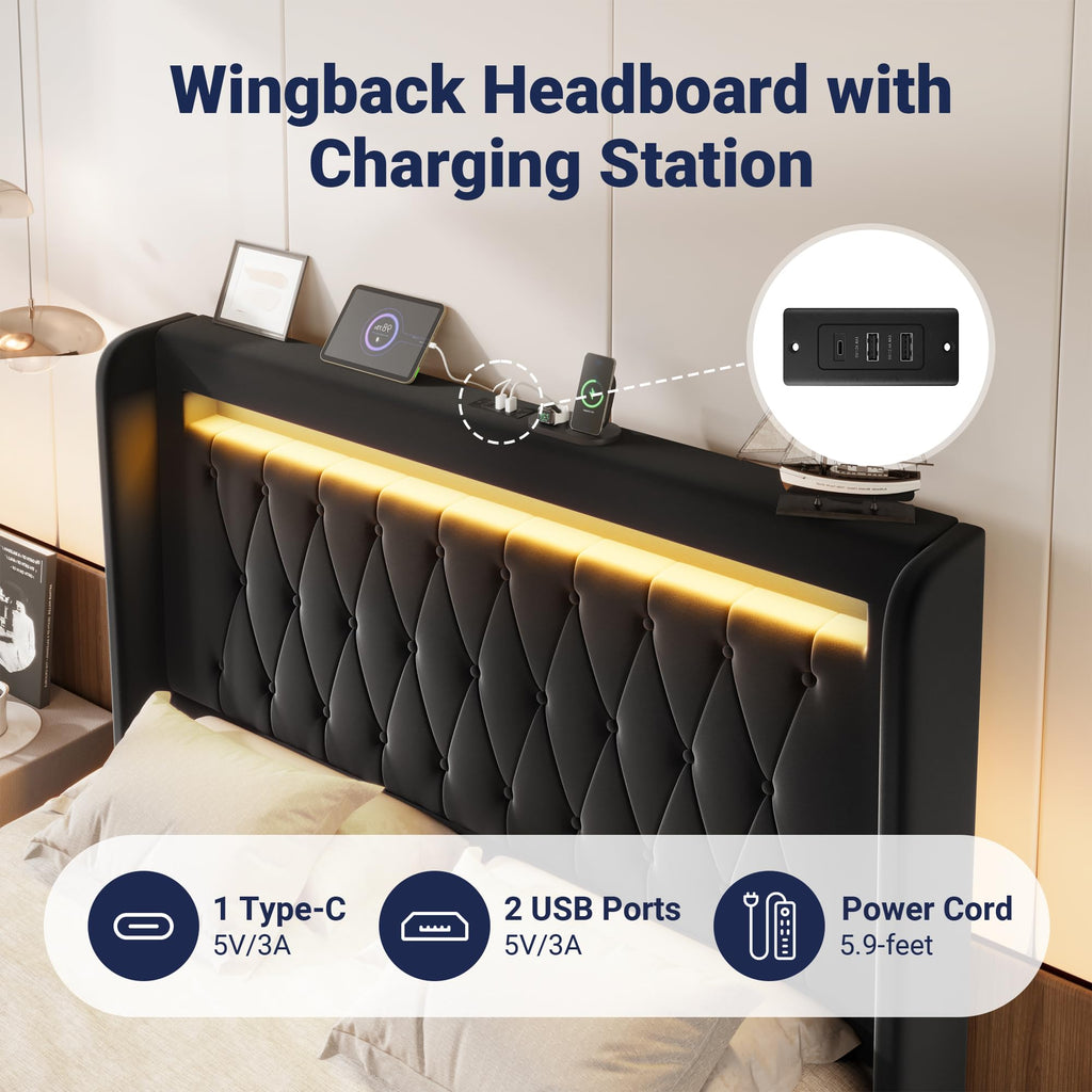 Allewie Queen Size Upholstered Bed Frame with LED & Charging Station, Black | Customizable LED lights, charging station, tufted wingback headboard, noise-reducing support, and no box spring needed.