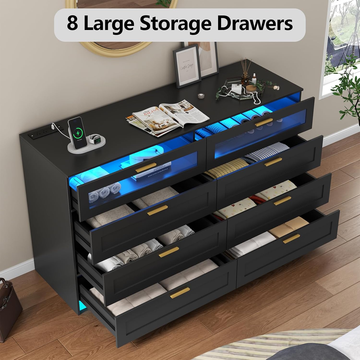 8 Drawers Dresser with Charging Station, Dresser for Bedroom with LED Light | Modern Chest of Drawers for Closet, Double Wide Dressers Organizer for Bedroom, Living Room, Entryway