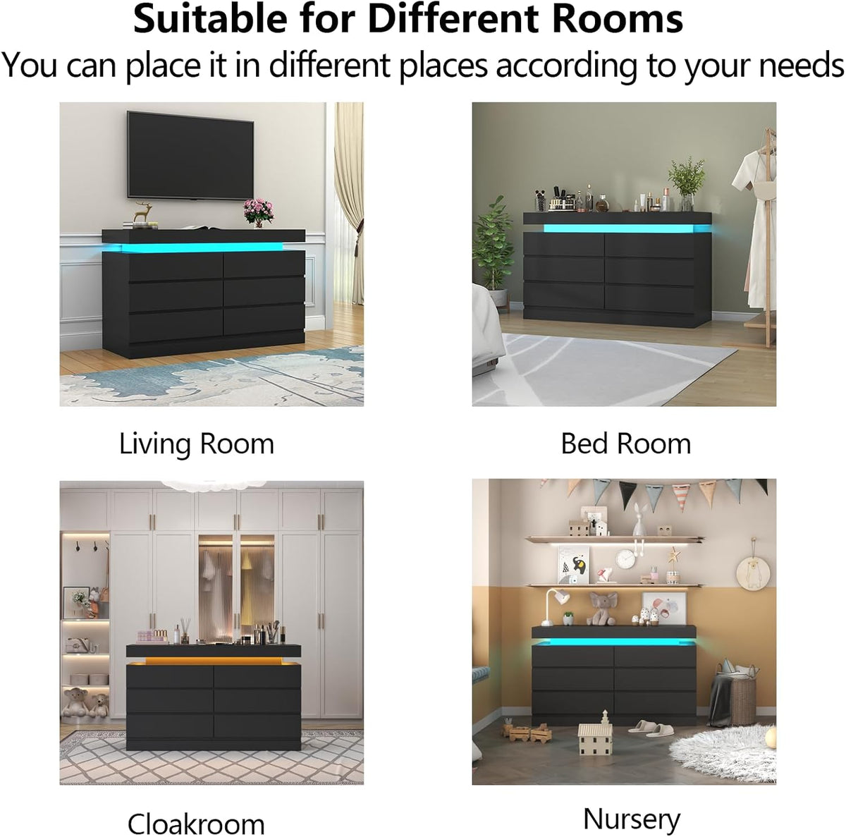 Gyfimoie 6 Drawer Dresser with Power Outlet, Dresser with LED Light | Modern Chest of Drawers for Closet, Wide Drawer Organizer Cabinet for Bedroom,Living Room