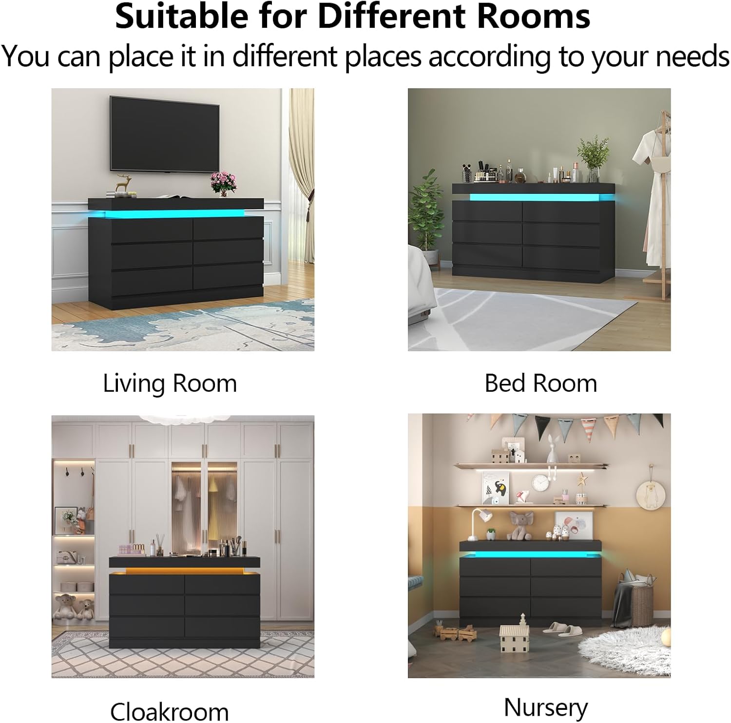 Gyfimoie 6 Drawer Dresser with Power Outlet, Dresser with LED Light | Modern Chest of Drawers for Closet, Wide Drawer Organizer Cabinet for Bedroom,Living Room