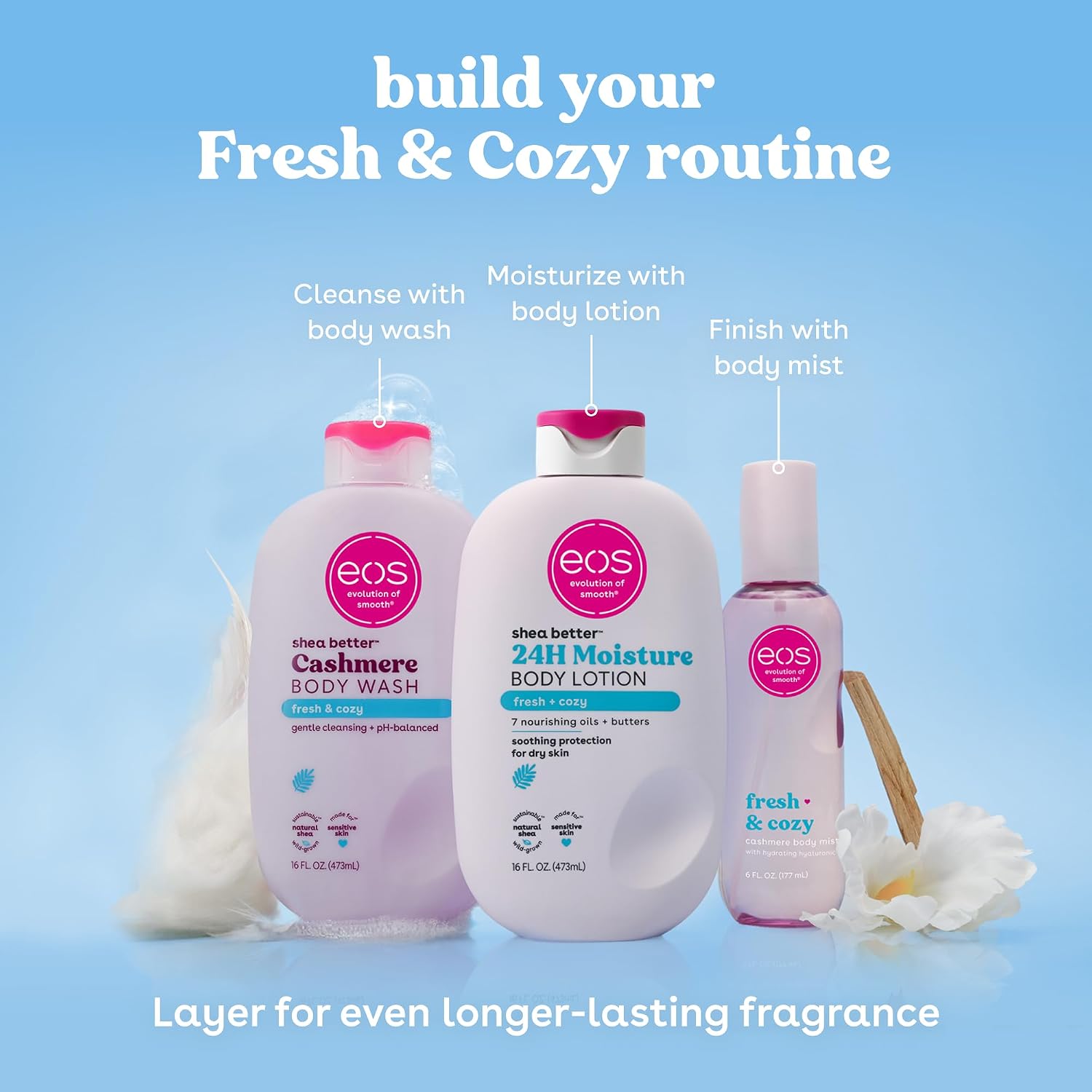 eos Body Wash, Vanilla Cashmere, Moisturizing Creamy Gel Formula with Shea Butter, Glycerin, Vitamin E, pH Balanced, Sensitive Skin, Vegan, 16 fl oz
