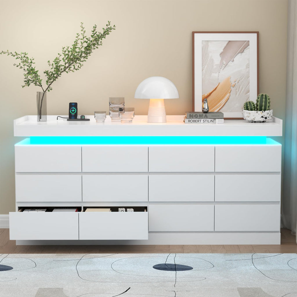 Gyfimoie 6 Drawer Dresser with Power Outlet, Dresser with LED Light | Modern Chest of Drawers for Closet, Wide Drawer Organizer Cabinet for Bedroom,Living Room