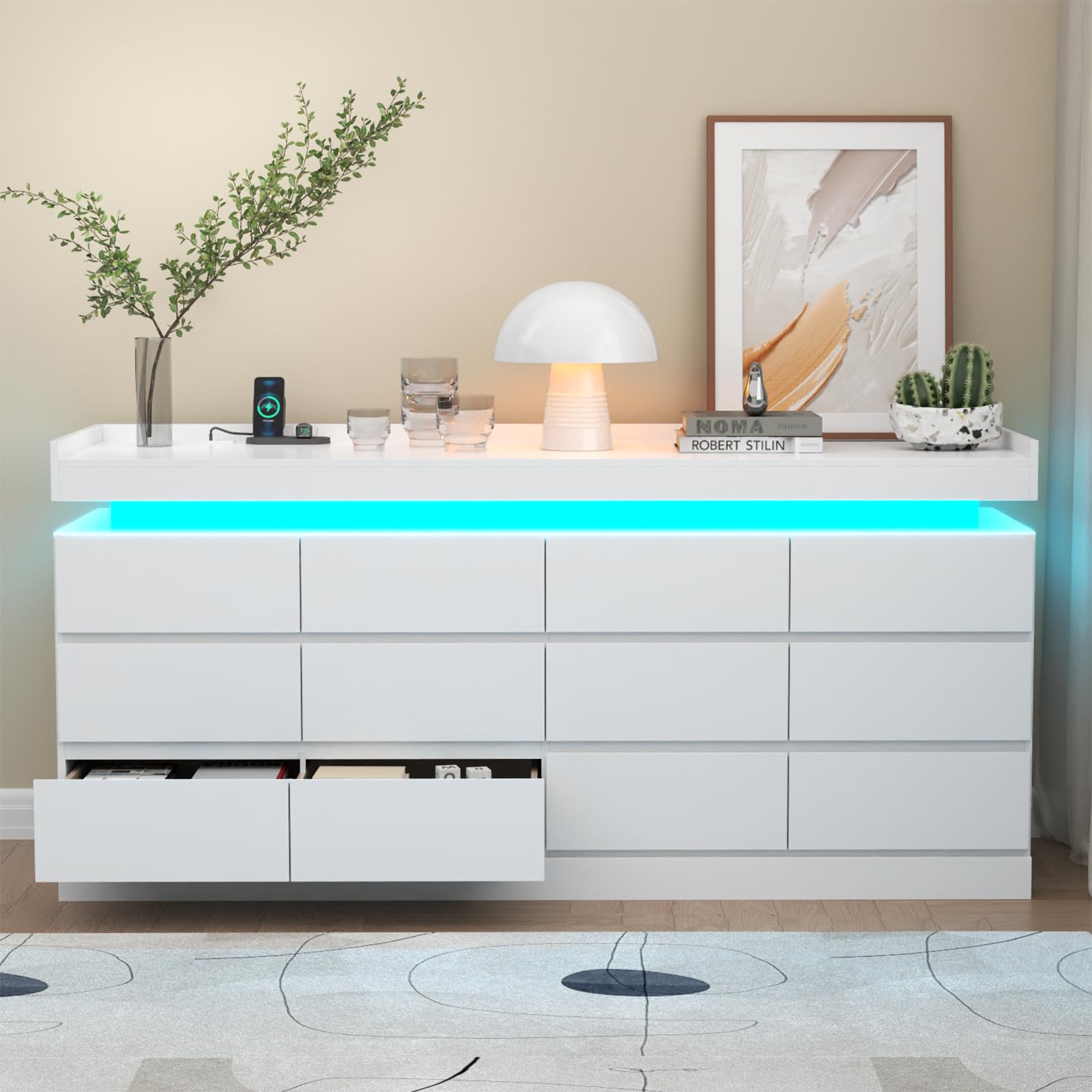 Gyfimoie 6 Drawer Dresser with Power Outlet, Dresser with LED Light | Modern Chest of Drawers for Closet, Wide Drawer Organizer Cabinet for Bedroom,Living Room