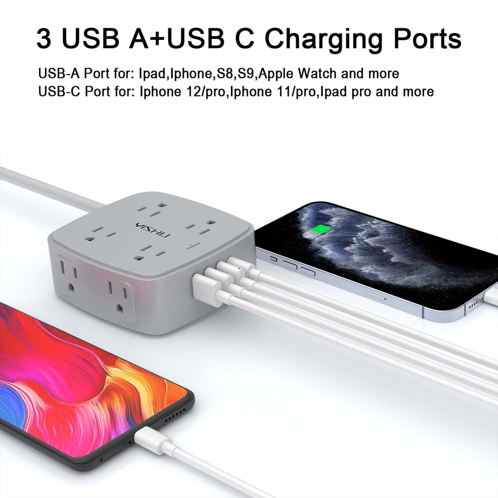 6Ft Surge Protector Power Strip with 8 Widely Outlets & 4 USB Ports | 3 Side Outlet Extender with 6 Feet Extension Cord, Flat Plug, for Home, Office, College Dorm Room Essentials, ETL, White