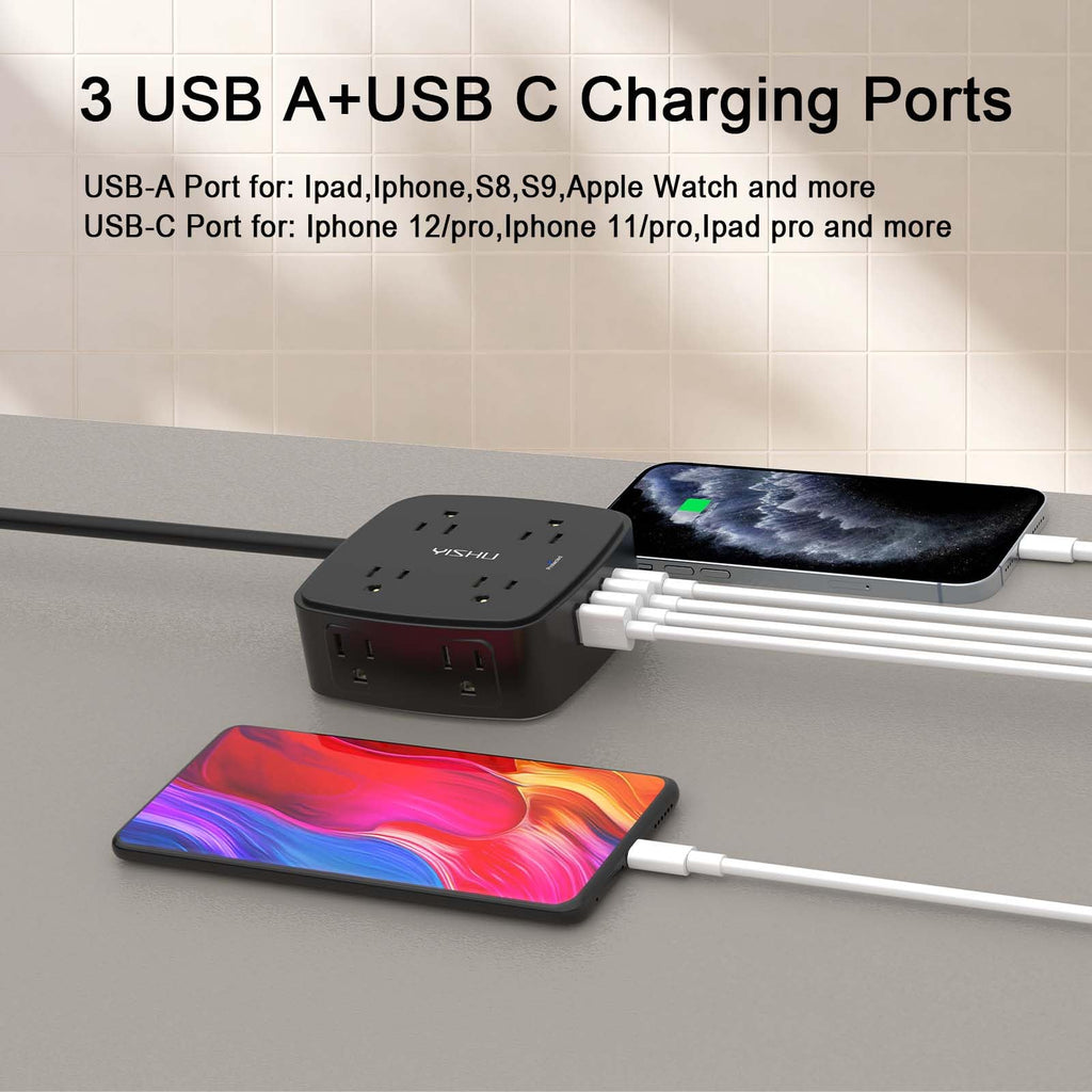6Ft Surge Protector Power Strip with 8 Widely Outlets & 4 USB Ports | 3 Side Outlet Extender with 6 Feet Extension Cord, Flat Plug, for Home, Office, College Dorm Room Essentials, ETL, White