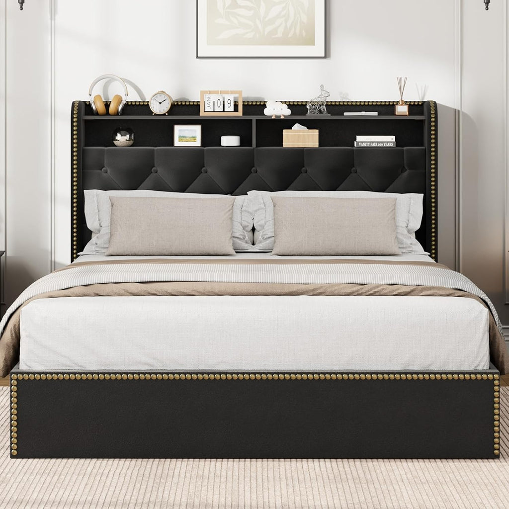 Full Size Black Velvet Storage Bed with Shelved Headboard and 4 Drawers, Tufted Upholstered Platform Bed Frame with Nailhead Trim, Metal Support Slats, No Box Spring Required, Easy to Assemble