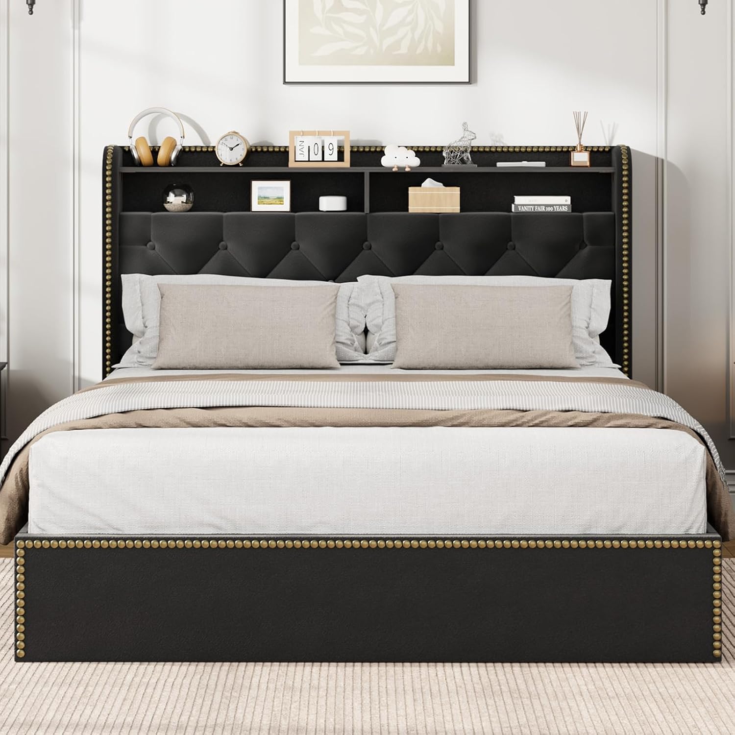 Full Size Black Velvet Storage Bed with Shelved Headboard and 4 Drawers, Tufted Upholstered Platform Bed Frame with Nailhead Trim, Metal Support Slats, No Box Spring Required, Easy to Assemble