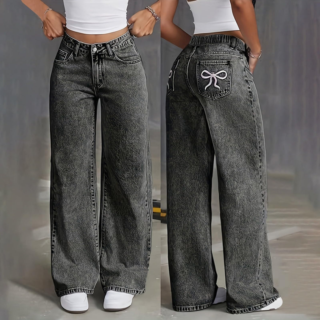 Jeans for Girls Cute Baggy Pants Wide Leg High Waisted Trousers with Pocket | Back to School Clothes Teens Outfits Bow Embroidery Wide Leg Denim Pants Y2k Tween Clothes 7-16Y