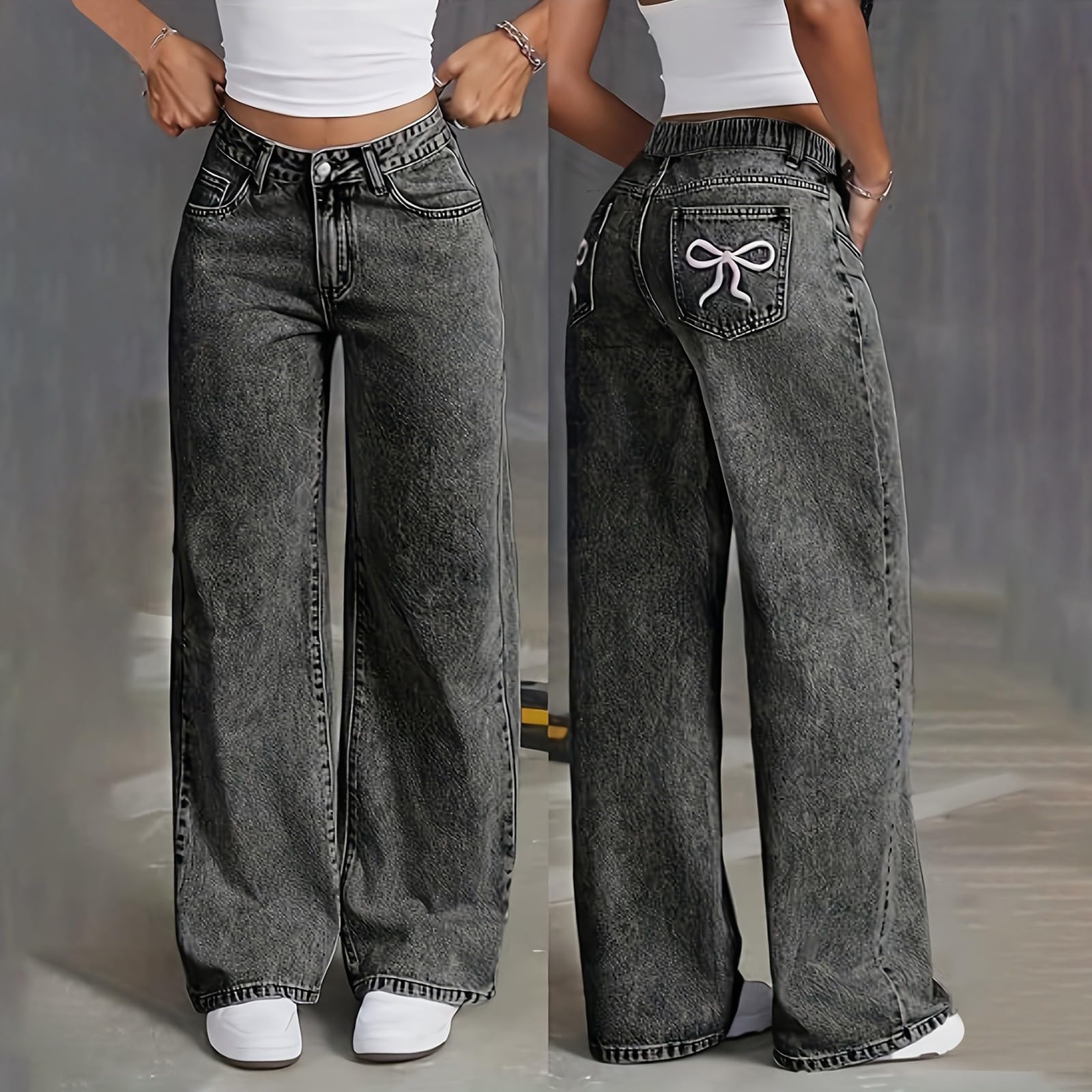 Jeans for Girls Cute Baggy Pants Wide Leg High Waisted Trousers with Pocket | Back to School Clothes Teens Outfits Bow Embroidery Wide Leg Denim Pants Y2k Tween Clothes 7-16Y