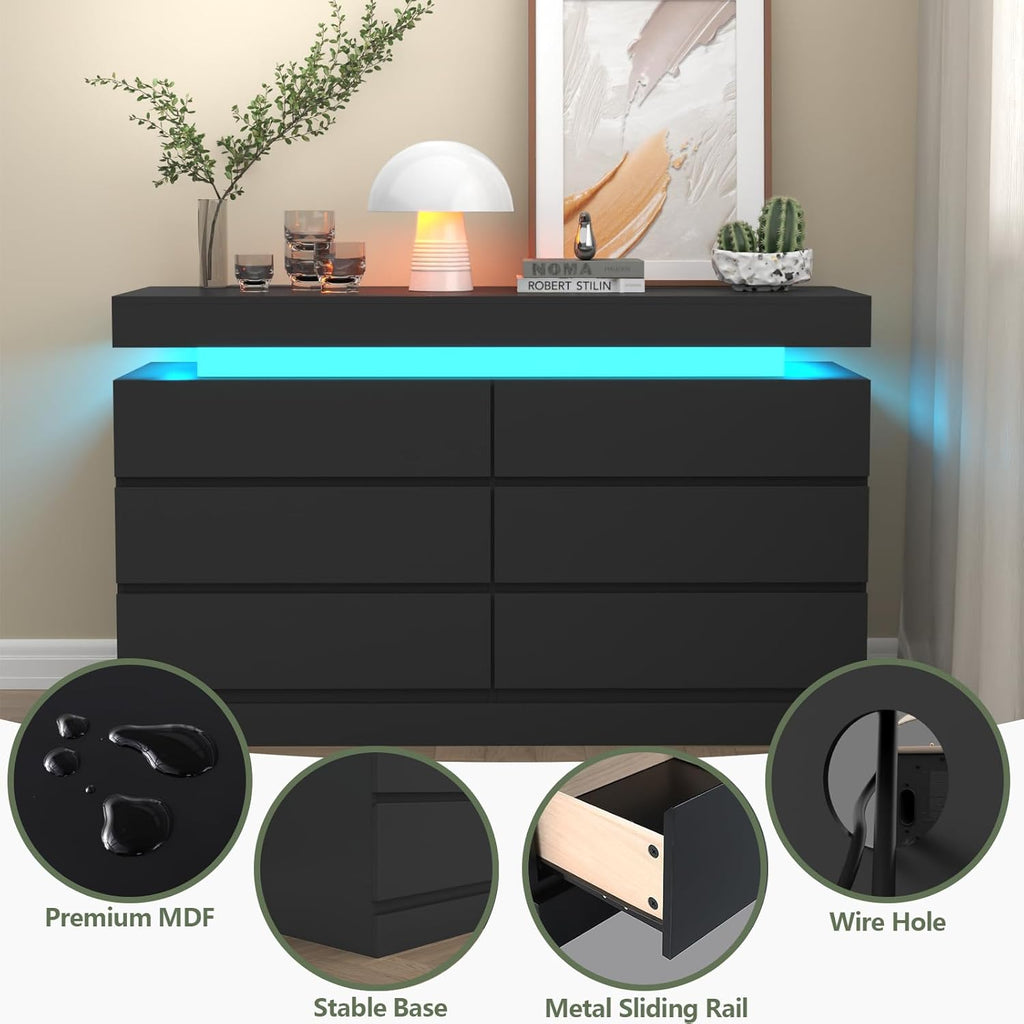 Gyfimoie 6 Drawer Dresser with Power Outlet, Dresser with LED Light | Modern Chest of Drawers for Closet, Wide Drawer Organizer Cabinet for Bedroom,Living Room
