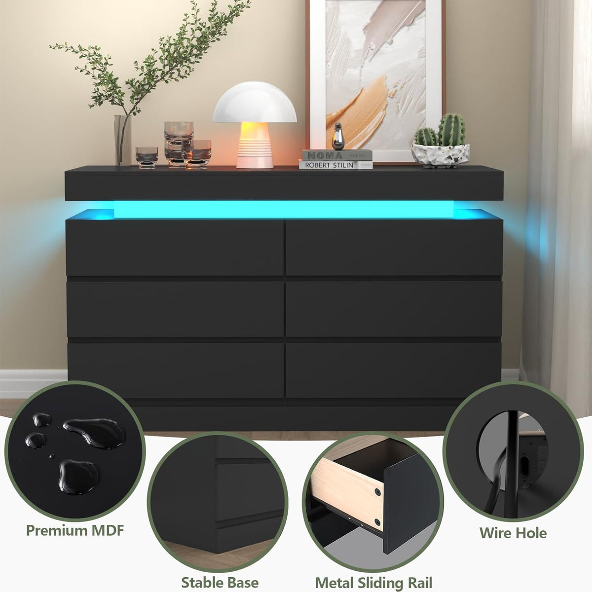 Gyfimoie 6 Drawer Dresser with Power Outlet, Dresser with LED Light | Modern Chest of Drawers for Closet, Wide Drawer Organizer Cabinet for Bedroom,Living Room