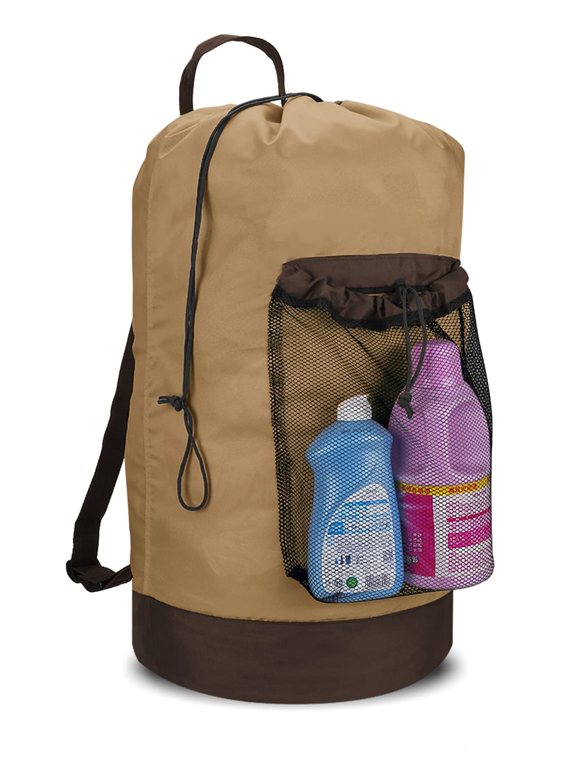 Backpack Laundry Bag, 115L Large Hamper with Shoulder Straps, Drawstring Closure, Mesh Pocket, Khaki