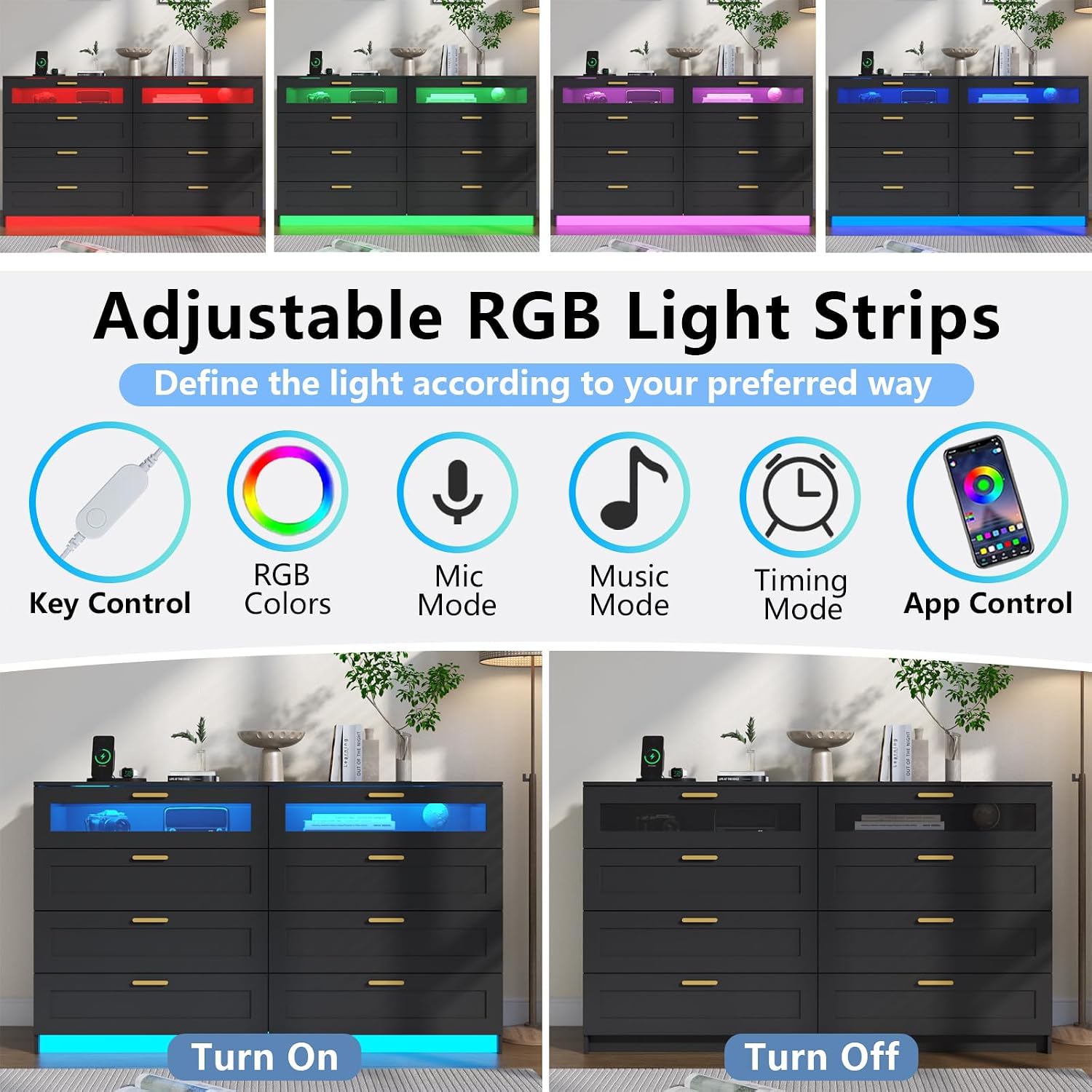 8 Drawers Dresser with Charging Station, Dresser for Bedroom with LED Light | Modern Chest of Drawers for Closet, Double Wide Dressers Organizer for Bedroom, Living Room, Entryway