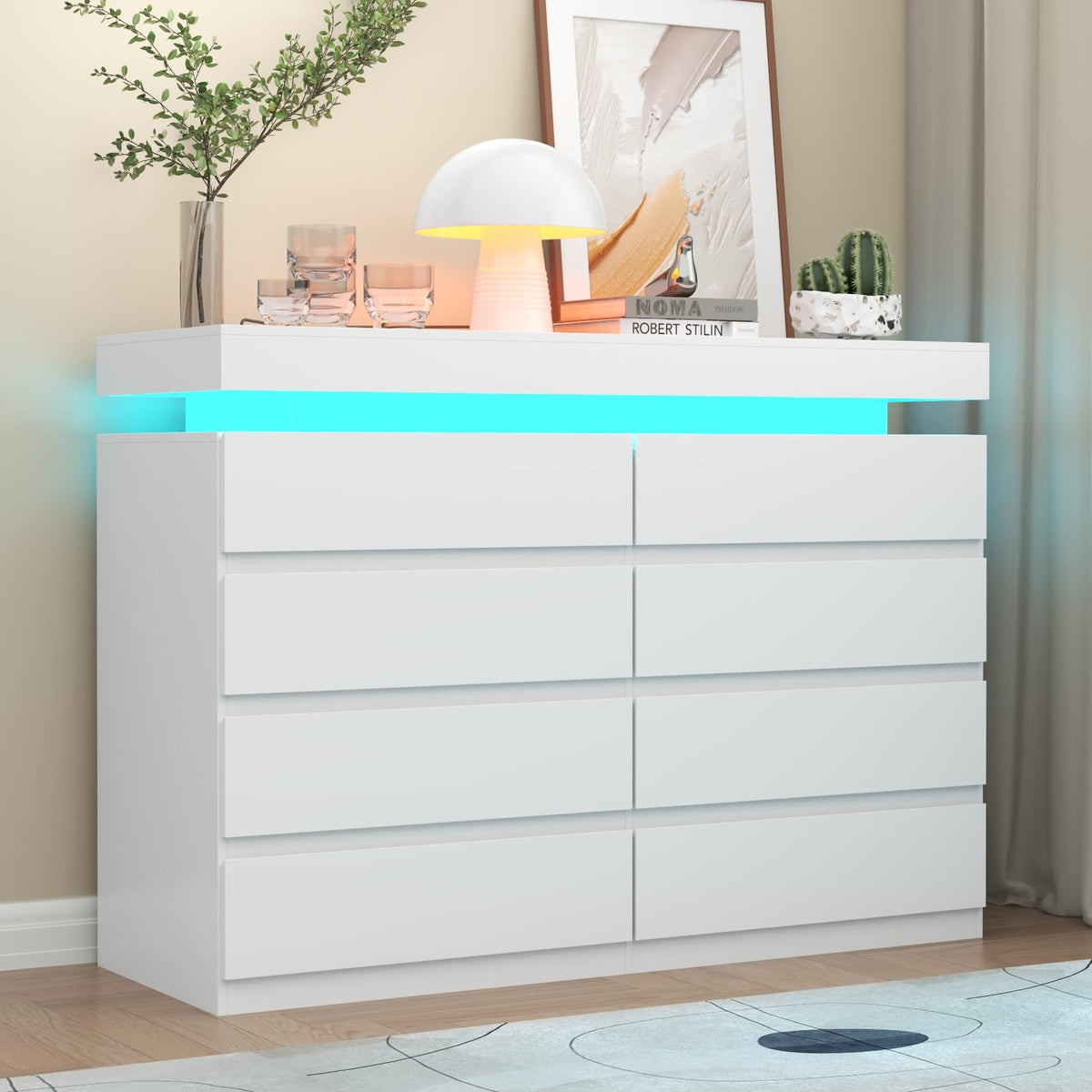 Gyfimoie 6 Drawer Dresser with Power Outlet, Dresser with LED Light | Modern Chest of Drawers for Closet, Wide Drawer Organizer Cabinet for Bedroom,Living Room