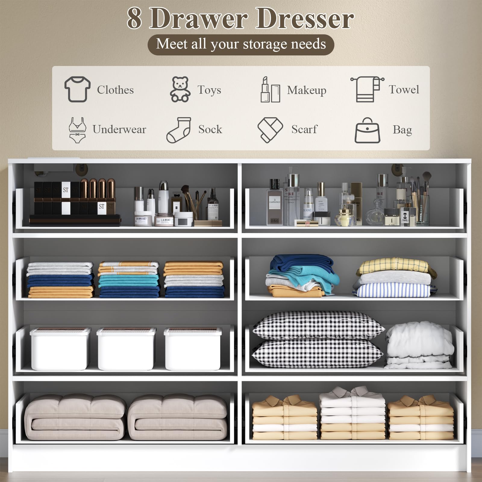 8 Drawers Dresser with Charging Station, Dresser for Bedroom with LED Light | Modern Chest of Drawers for Closet, Double Wide Dressers Organizer for Bedroom, Living Room, Entryway