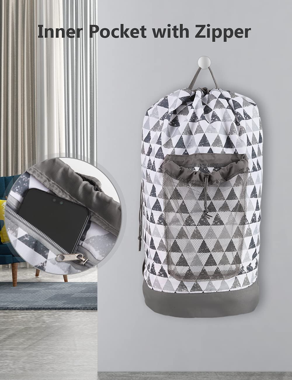 Backpack Laundry Bag, 115L Large Hamper with Shoulder Straps, Drawstring Closure, Mesh Pocket, Khaki