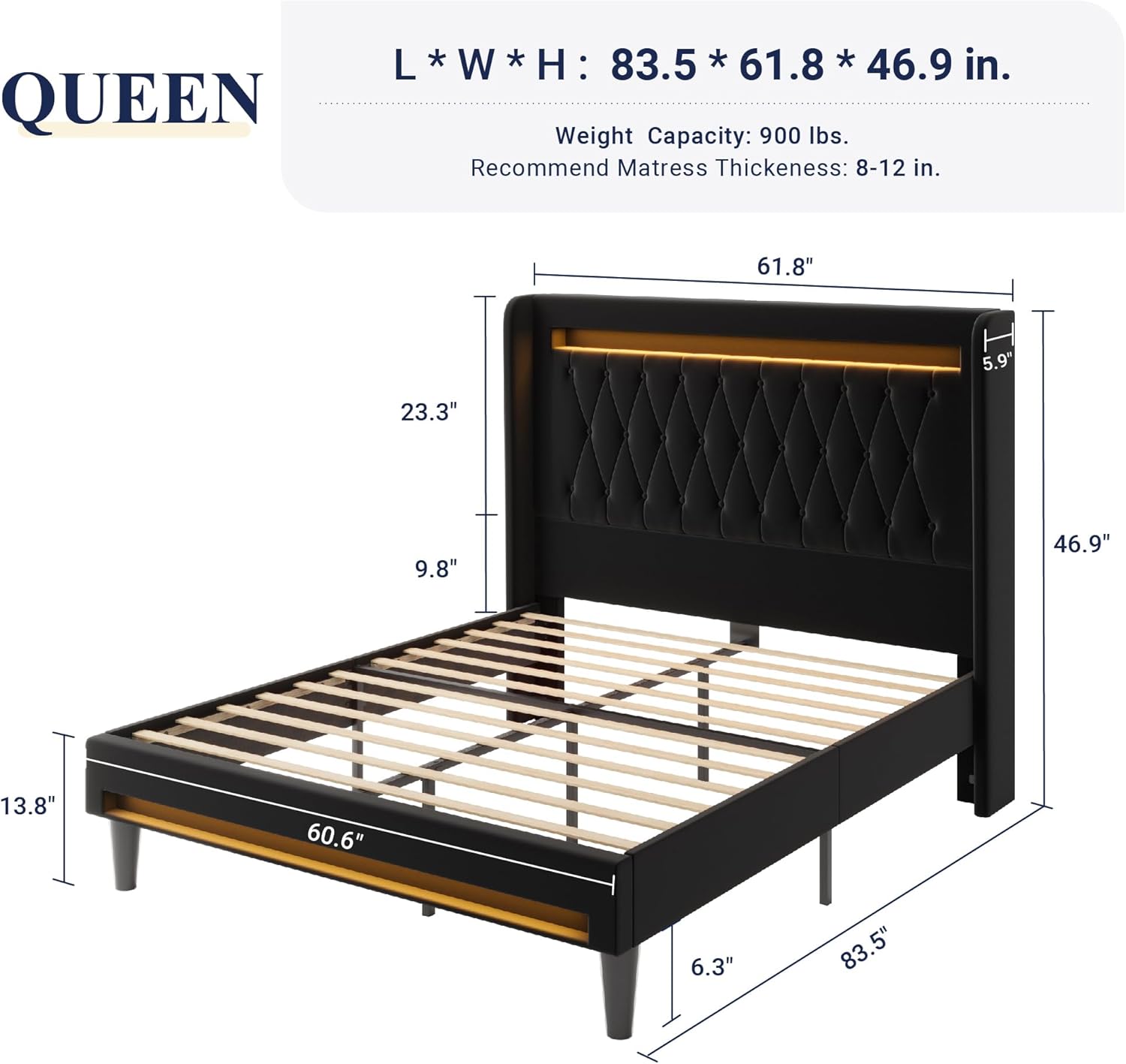 Allewie Queen Size Upholstered Bed Frame with LED & Charging Station, Black | Customizable LED lights, charging station, tufted wingback headboard, noise-reducing support, and no box spring needed.