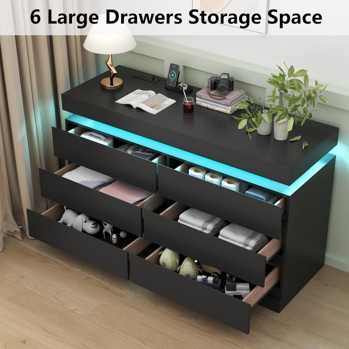 Gyfimoie 6 Drawer Dresser with Power Outlet, Dresser with LED Light | Modern Chest of Drawers for Closet, Wide Drawer Organizer Cabinet for Bedroom,Living Room