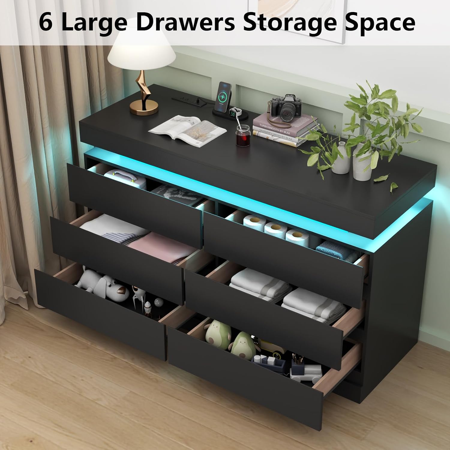 Gyfimoie 6 Drawer Dresser with Power Outlet, Dresser with LED Light | Modern Chest of Drawers for Closet, Wide Drawer Organizer Cabinet for Bedroom,Living Room
