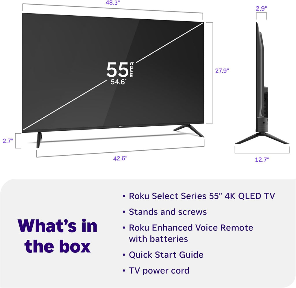 Roku 55-Inch Select Series Smart TV 2026-4K QLED TV - Roku TV | Flat Screen QLED Television with Voice Remote, Wi-Fi & Bluetooth Headphone Mode - Streaming Live Local News, Sports, & Movies