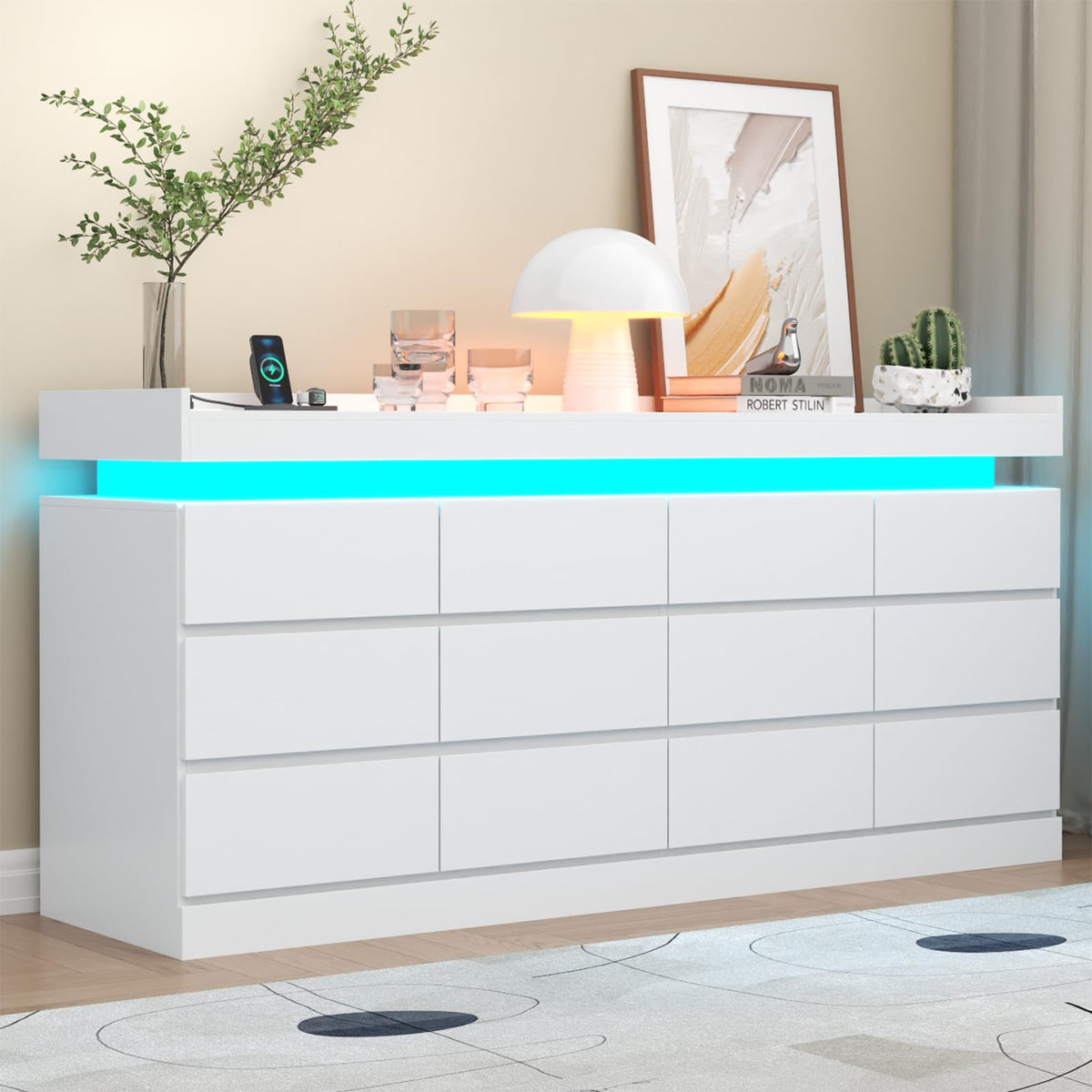 Gyfimoie 6 Drawer Dresser with Power Outlet, Dresser with LED Light | Modern Chest of Drawers for Closet, Wide Drawer Organizer Cabinet for Bedroom,Living Room
