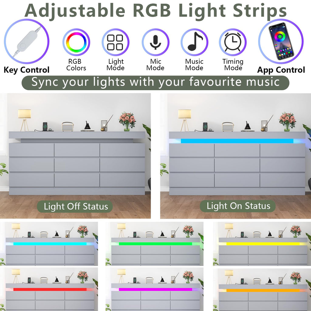 Gyfimoie 6 Drawer Dresser with Power Outlet, Dresser with LED Light | Modern Chest of Drawers for Closet, Wide Drawer Organizer Cabinet for Bedroom,Living Room
