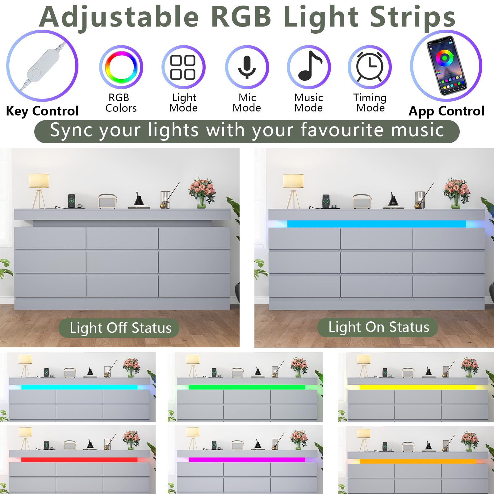 Gyfimoie 6 Drawer Dresser with Power Outlet, Dresser with LED Light | Modern Chest of Drawers for Closet, Wide Drawer Organizer Cabinet for Bedroom,Living Room