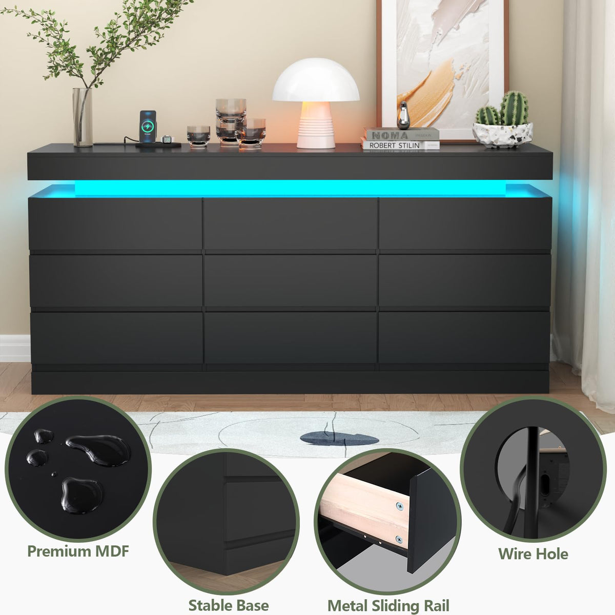 Gyfimoie 6 Drawer Dresser with Power Outlet, Dresser with LED Light | Modern Chest of Drawers for Closet, Wide Drawer Organizer Cabinet for Bedroom,Living Room