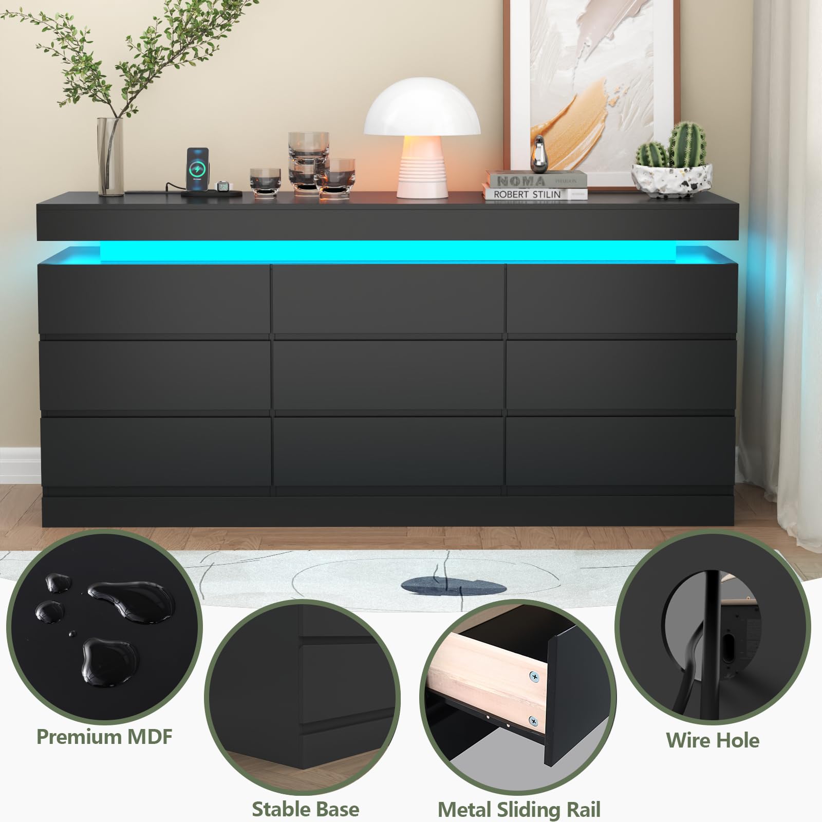 Gyfimoie 6 Drawer Dresser with Power Outlet, Dresser with LED Light | Modern Chest of Drawers for Closet, Wide Drawer Organizer Cabinet for Bedroom,Living Room