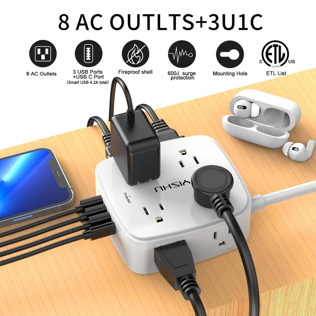 6Ft Surge Protector Power Strip with 8 Widely Outlets & 4 USB Ports | 3 Side Outlet Extender with 6 Feet Extension Cord, Flat Plug, for Home, Office, College Dorm Room Essentials, ETL, White