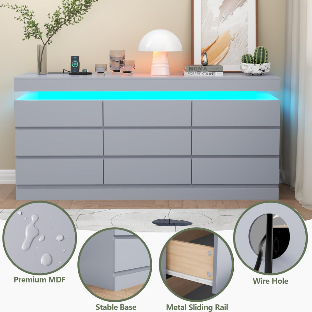 Gyfimoie 6 Drawer Dresser with Power Outlet, Dresser with LED Light | Modern Chest of Drawers for Closet, Wide Drawer Organizer Cabinet for Bedroom,Living Room