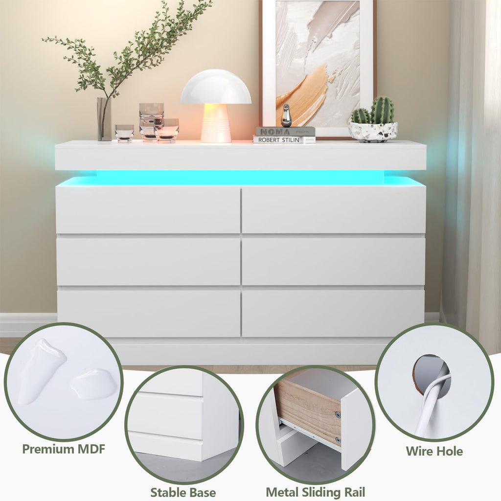Gyfimoie 6 Drawer Dresser with Power Outlet, Dresser with LED Light | Modern Chest of Drawers for Closet, Wide Drawer Organizer Cabinet for Bedroom,Living Room