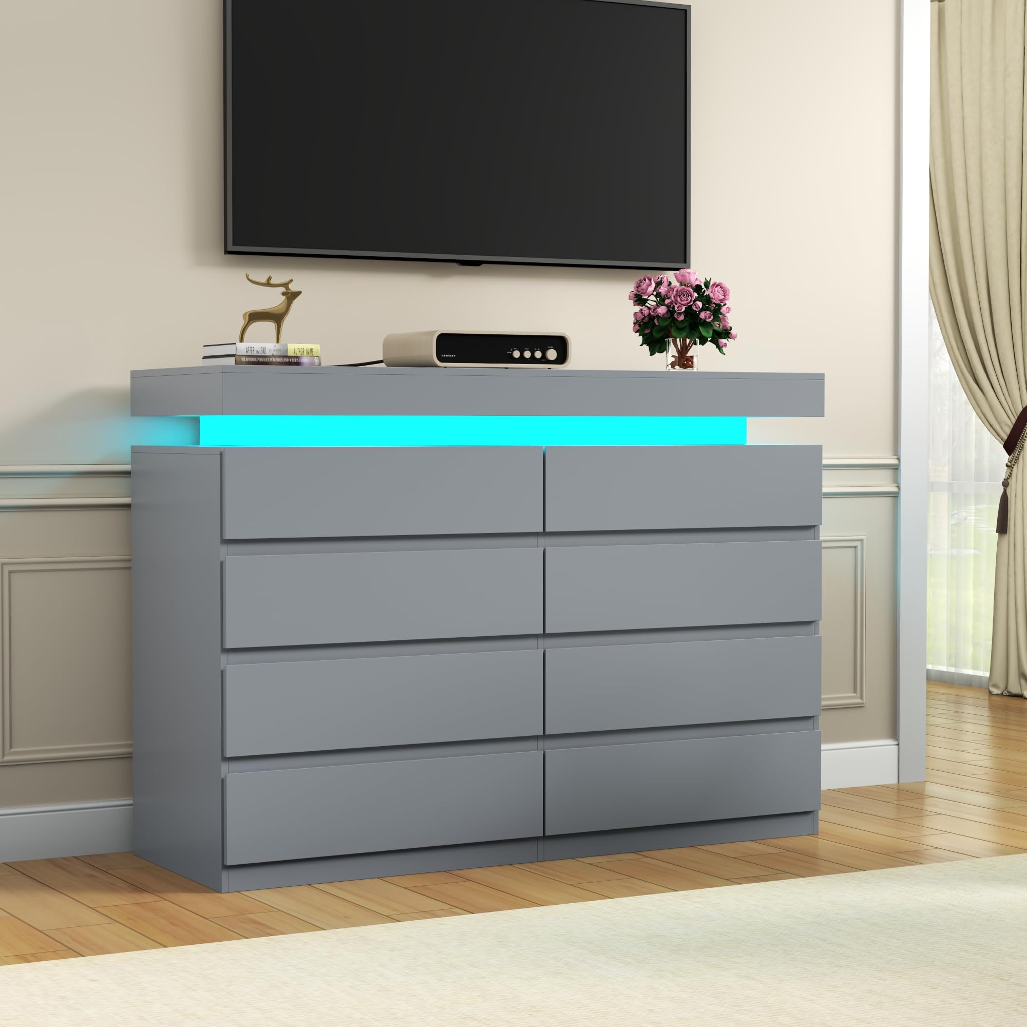 Gyfimoie 6 Drawer Dresser with Power Outlet, Dresser with LED Light | Modern Chest of Drawers for Closet, Wide Drawer Organizer Cabinet for Bedroom,Living Room