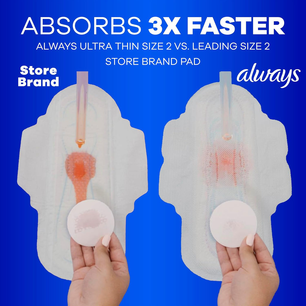 Always Ultra Thin Feminine Pads with Wings for Women, Size 2, Long Super Absorbency, Unscented, Up to 100% Leak-Free Protection, 58 Count