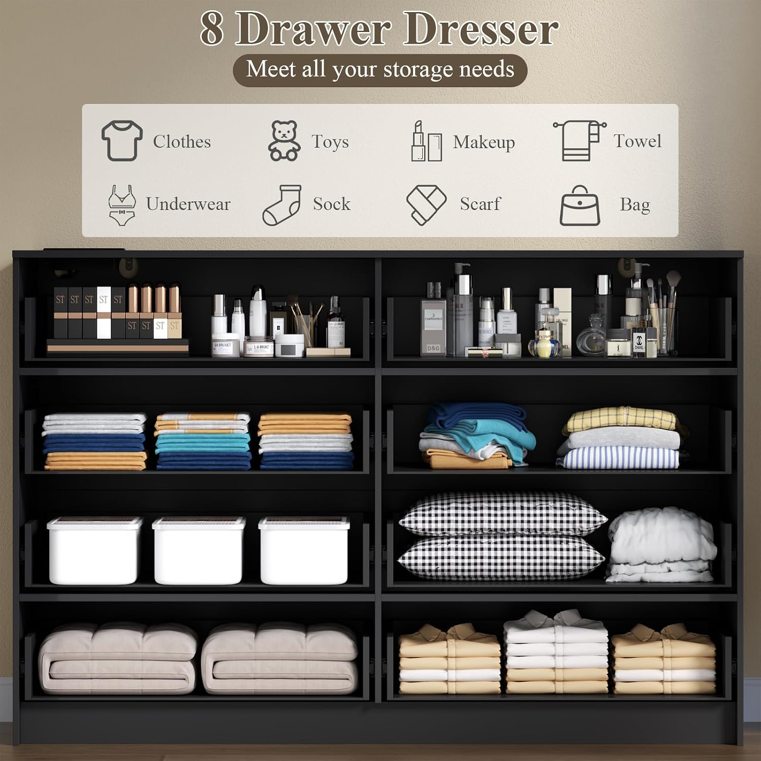 8 Drawers Dresser with Charging Station, Dresser for Bedroom with LED Light | Modern Chest of Drawers for Closet, Double Wide Dressers Organizer for Bedroom, Living Room, Entryway