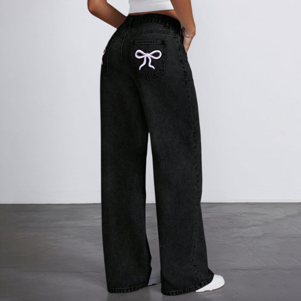 Jeans for Girls Cute Baggy Pants Wide Leg High Waisted Trousers with Pocket | Back to School Clothes Teens Outfits Bow Embroidery Wide Leg Denim Pants Y2k Tween Clothes 7-16Y
